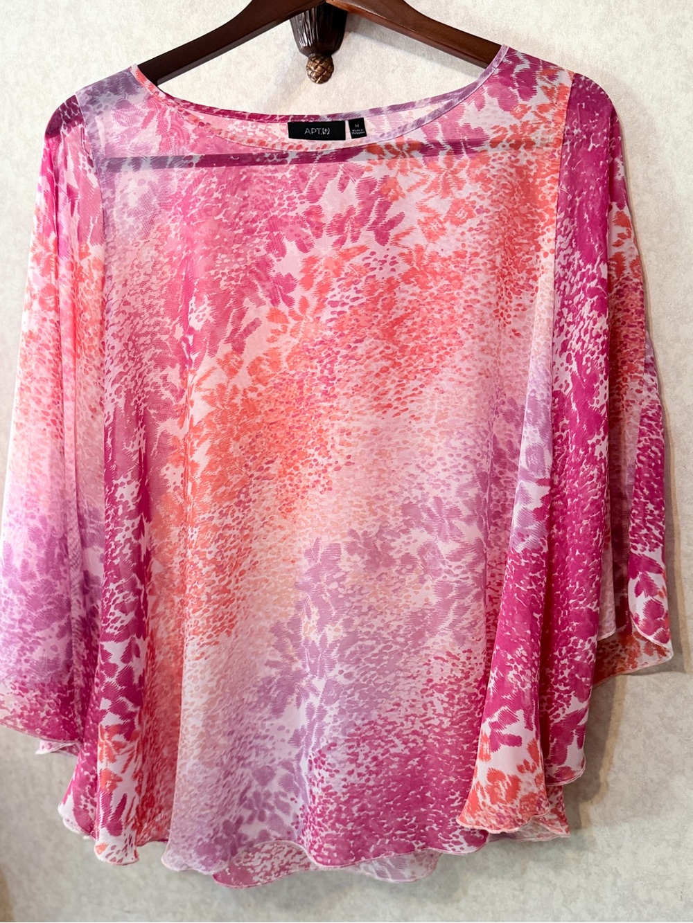Apt 9 Pink Floral Chiffon Blouse Bell Flutter Sleeve Sheer Top Medium M